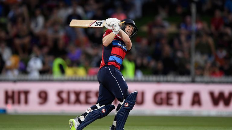 HAMILTON, NEW ZEALAND - FEBRUARY 18:  England batsman Eoin Morgan hits out during the International Twenty20 match between New Zealand and England at Seddo