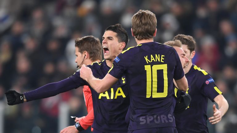 TURIN, ITALY - FEBRUARY 13: Erik Lamela of Tottenham Hotspur celebrates his sides second goal during the UEFA Champions League Round of 16 First Leg  match