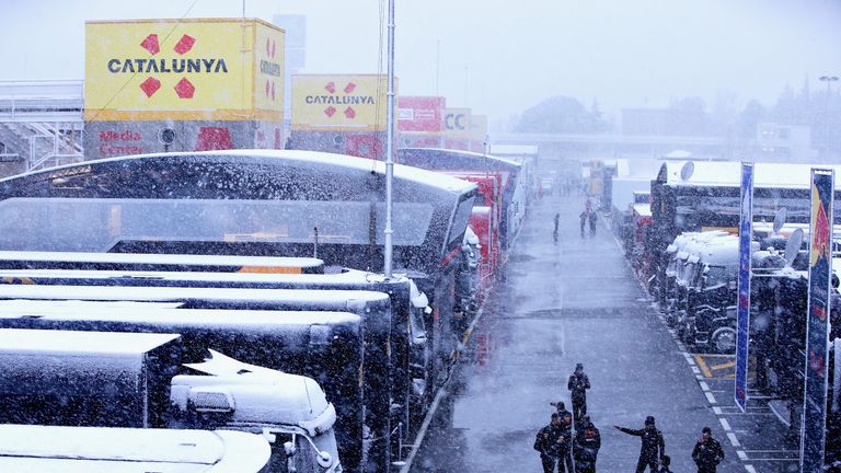 MONTMELO, SPAIN - FEBRUARY 28: The Red Bull Racing team arrive at the circuit in snowy conditions during day three of F1 Winter Testing at Circuit de Catal