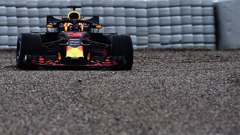 MONTMELO, SPAIN - FEBRUARY 28:  Daniel Ricciardo of Australia driving the (3) Aston Martin Red Bull Racing RB14 TAG Heuer runs into the gravel during day t