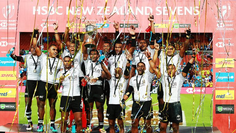  Fiji celebrate after winning the Cup final match between Fiji and South Africa  in Hamilton, NZ