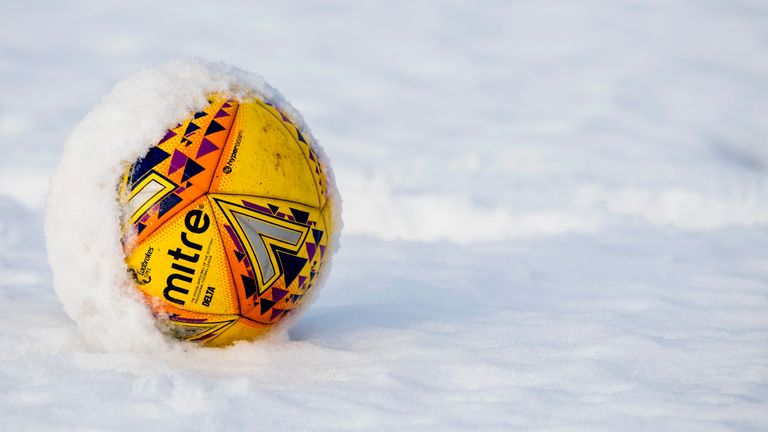 A general view of a football in the snow at Celtic's Lennoxtown training ground
