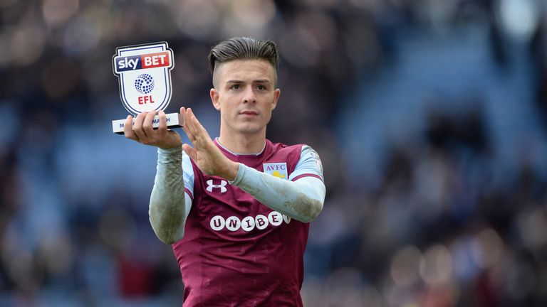 Sky Bet man of the match Jack Grealish applauds home fans after the 2-0 derby win over local rivals Birmingham City