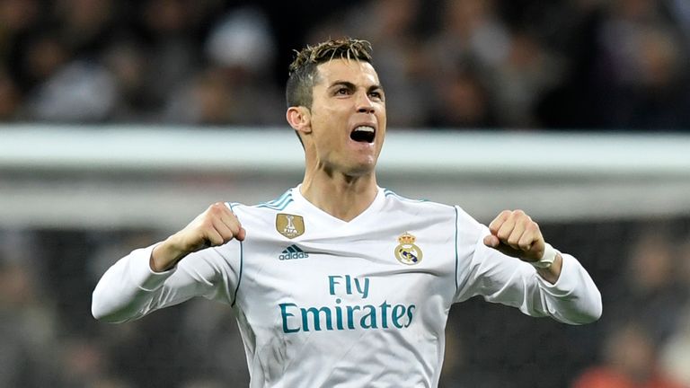 Cristiano Ronaldo celebrates after scoring during the UEFA Champions League Round of 16 First Leg between Real Madrid and PSG