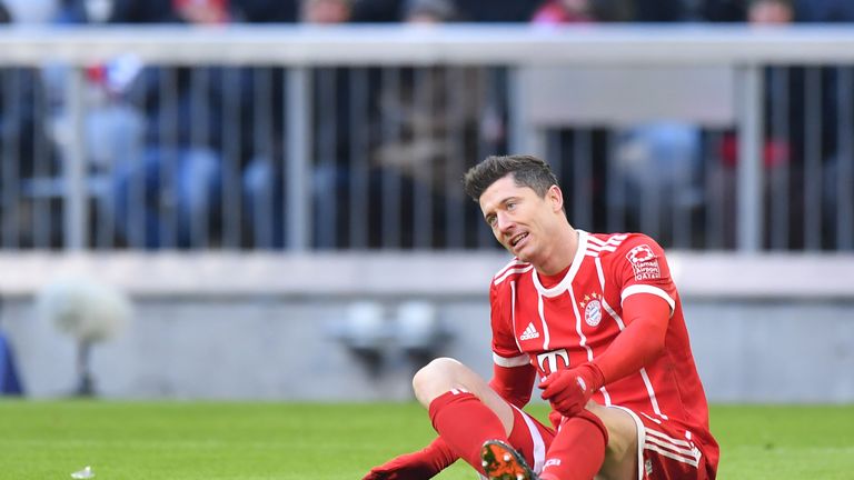 MUNICH, GERMANY - FEBRUARY 24: Robert Lewandowski of Bayern Muenchen sits on the pitch during the Bundesliga match between FC Bayern Muenchen and Hertha BS