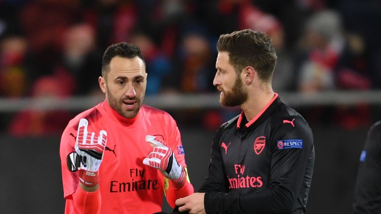 David Ospina and Shkodran Mustafi of Arsenal during UEFA Europa League Round of 32 match between Ostersunds FK and Arsenal at the Jamtkraft Arena