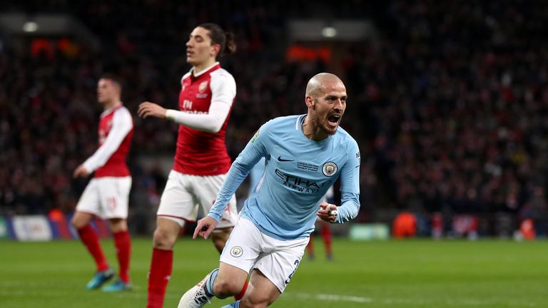 David Silva celebrates after scoring Manchester City's third goal