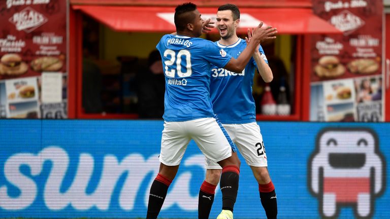 18/02/18 LADBROKES PREMIERSHIP
  HAMILTON v RANGERS 
  THE SUPERSEAL STADIUM - HAMILTON
 Rangers' Jamie Murphy celebrates with Alfredo Morelos (left)