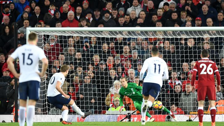 Harry Kane of Tottenham Hotspur scores his side's second goal, and his 100th Premier League goal during the Premier League clash at Liverpool