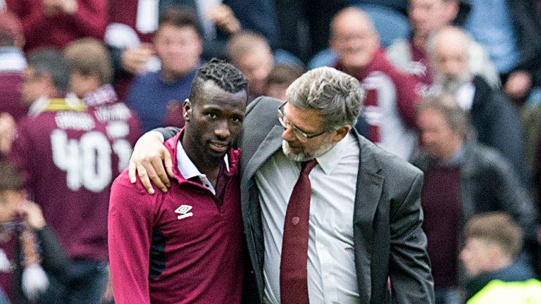 Hearts manager Craig Levein shakes hands with Isma Goncalves, Hearts v Aberdeen, September 2017
