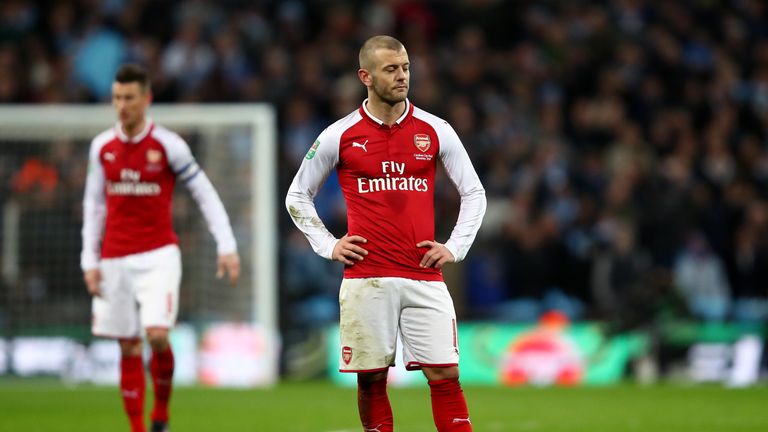 Jack Wilshere looks dejected during the Carabao Cup Final between Arsenal and Manchester City at Wembley Stadium