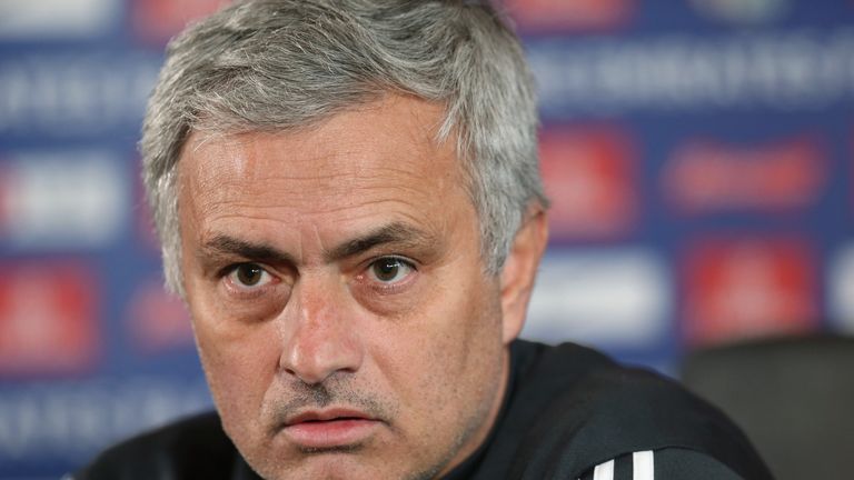 Jose Mourinho speaks during a press conference at Manchester United's Aon Training Complex ahead the FA Cup Fifth Round