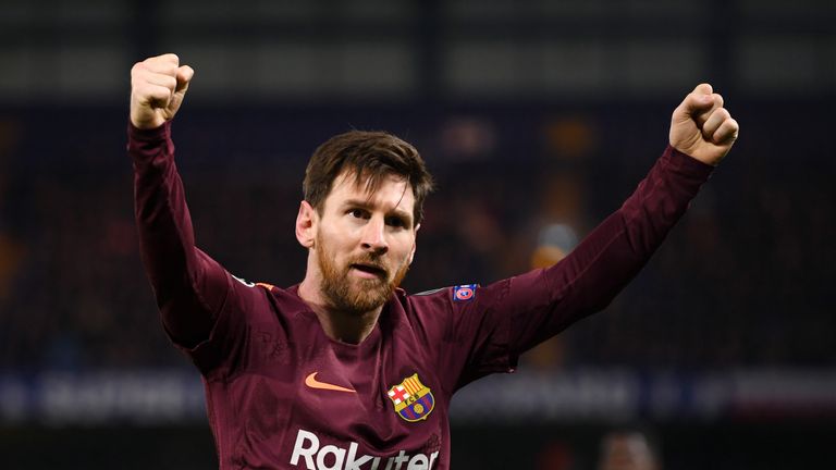 Lionel Messi celebrates his equaliser during the UEFA Champions Round of 16 match against Chelsea at Stamford Bridge