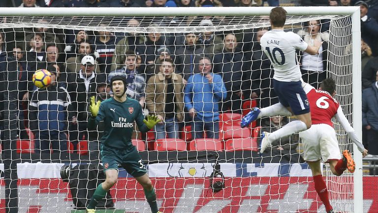 Harry Kane scores the opening goal of the North London derby at Wembley Stadium