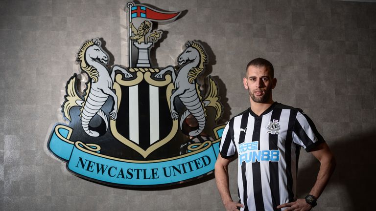 Islam Slimani poses for a photograph at St James' Park after signing for Newcastle United on loan for the rest of the season
