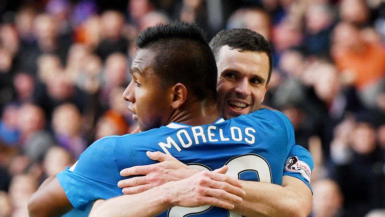 Rangers' Jamie Murphy celebrates his goal with Alfredo Morelos