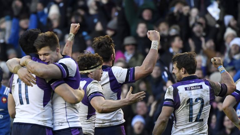 Scotland's players celebrate their Six Nations victory over France at Murrayfield 