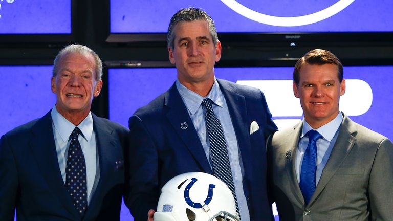 INDIANAPOLIS, IN - FEBRUARY 13:  Owner Jim Irsay, head coach Frank Reich and general manager Chris Ballard of the Indianapolis Colts pose for a photo durin