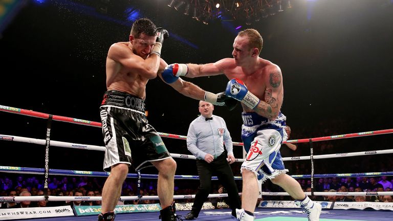Carl Froch (L) in action with George Groves during their IBF and WBA World Super Middleweight bout at Phones4u Arena