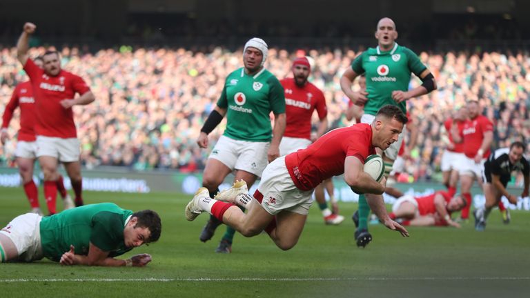 Wales's Gareth Davies scores a try during the RBS Six Nations match at the Aviva Stadium, Dublin.