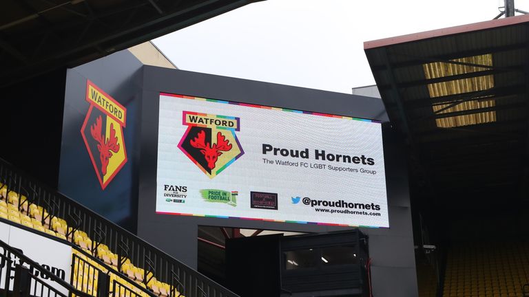 General view of the screen showing the LGBT supporters group before the Emirates FA Cup Third Round match between Watford and Bristol City, 6 January 2018