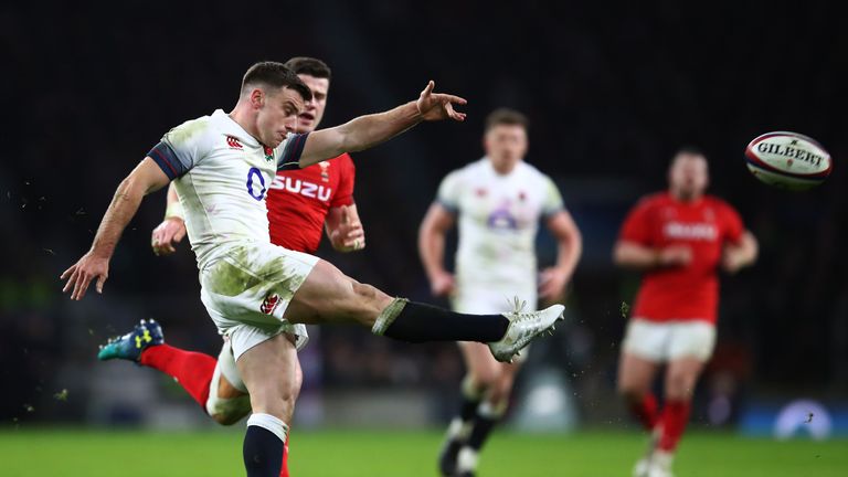 George Ford kicking out of hand for England against Wales at Twickenham Stadium
