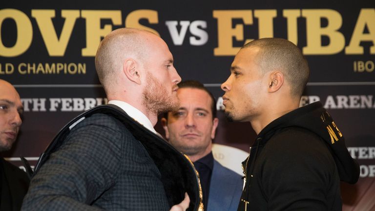 George Groves and Chris Eubank Jr face off after their press conference at Crowne Plaza Hotel in Manchester