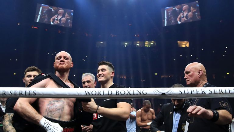 George Groves celebrates winning the WBA Super-Middleweight title fight at the Manchester Arena.