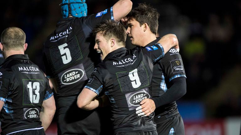 16/02/18 GUINNESS PRO14
 GLASGOW WARRIORS v TOYOTA CHEETAHS
 SCOTSTOUN STADIUM - GLASGOW
 Warriors' George Horne celebrates after scoring a try