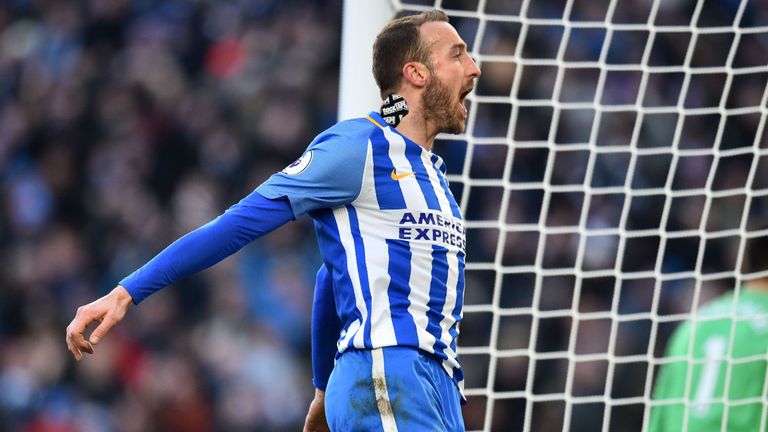 Glenn Murray celebrates after scoring Brighton's second goal during the Premier League match against Swansea City