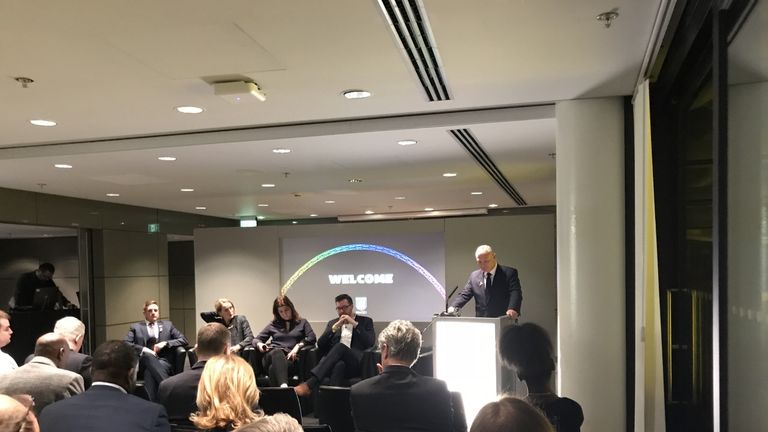FA chairman Greg Clarke speaks at an event to mark LGBT History Month at Wembley Stadium, 21 February 2018