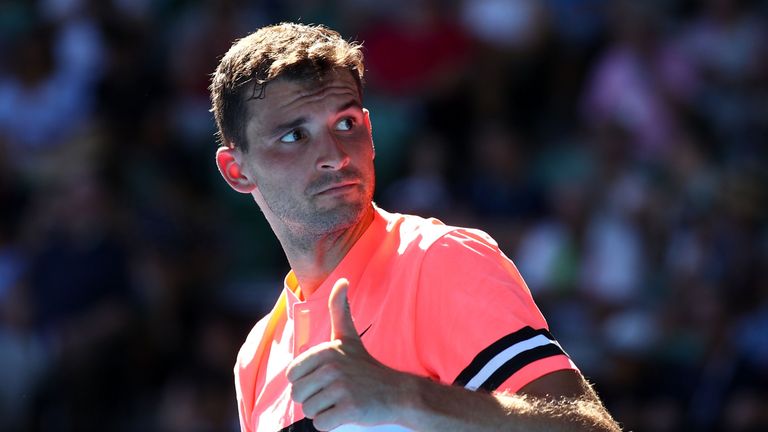 MELBOURNE, AUSTRALIA - JANUARY 19:  Grigor Dimitrov of Bulgaria gives the thumbs up in his third round match against Andrey Rublev of Russia on day five of