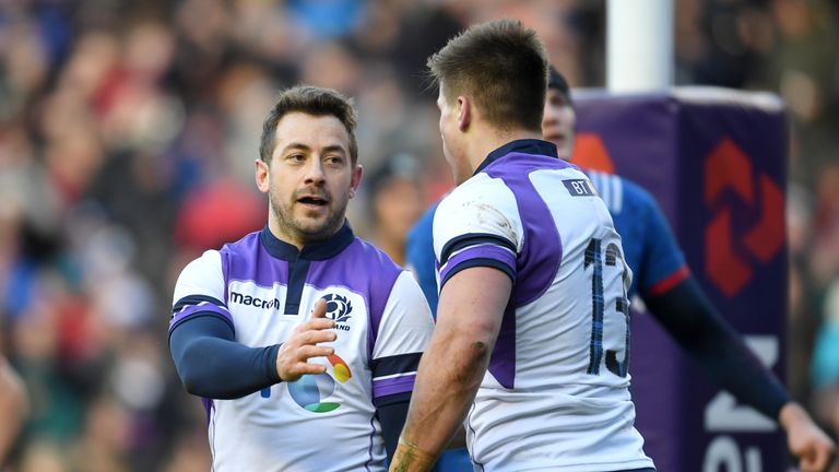 EDINBURGH, SCOTLAND - FEBRUARY 11: Huw Jones of Scotland celerbates scoring his sides second try Greig Laidlaw of Scotland during the NatWest Six Nations m