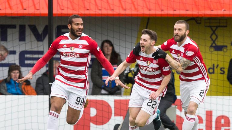 Hamilton's Darren Lyon (centre) celebrates scoring his side's second goal of the gameduring the Ladbrokes Scottish Premiership match at the SuperSeal Stadi