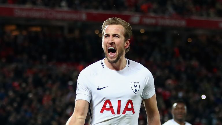 LIVERPOOL, ENGLAND - FEBRUARY 04:  Harry Kane of Tottenham Hotspur celebrates with team mates after scoring his sides second goal and his 100th Premier Lea