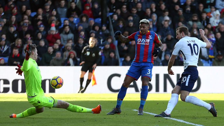 Tottenham Hotspur's Harry Kane (right) attempts a shot on goal during the Premier League match at Selhurst Park, London.