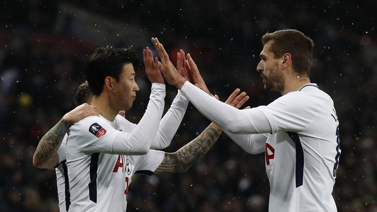 Heung-min Son and Fernando Llorente celebrate at Wembley