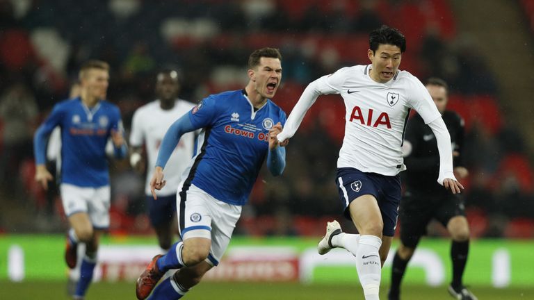 Heung-min Son runs at the Rochdale defence