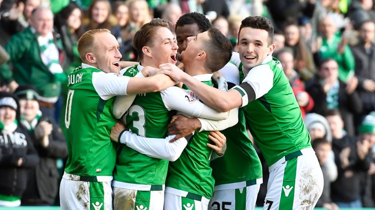 Hibs celebrate after Martin Boyle's goal against Aberdeen