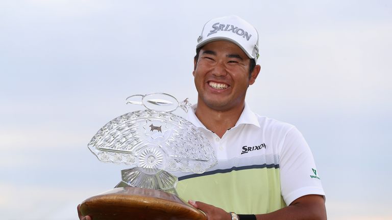 SCOTTSDALE, AZ - FEBRUARY 05:  Hideki Matsuyama of Japan poses with the trophy after winning the Waste Management Phoenix Open on the fourth playoff hole a