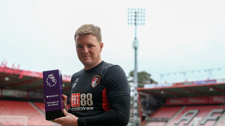 Eddie Howe of AFC Bournemouth poses with the Barclays Manager of the Month Award for January 2018 