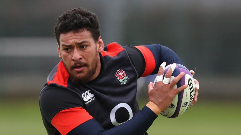 LONDON, ENGLAND - FEBRUARY 14:  Nathan Hughes runs with the ball during the England training session held at Latymer Upper School on February 14, 2018 in L