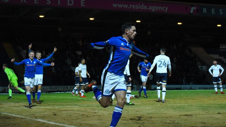 ROCHDALE, ENGLAND - FEBRUARY 06:  Ian Henderson of Rochdale AFC celebrates after scoring his sides first goal during The Emirates FA Cup Fourth Round match
