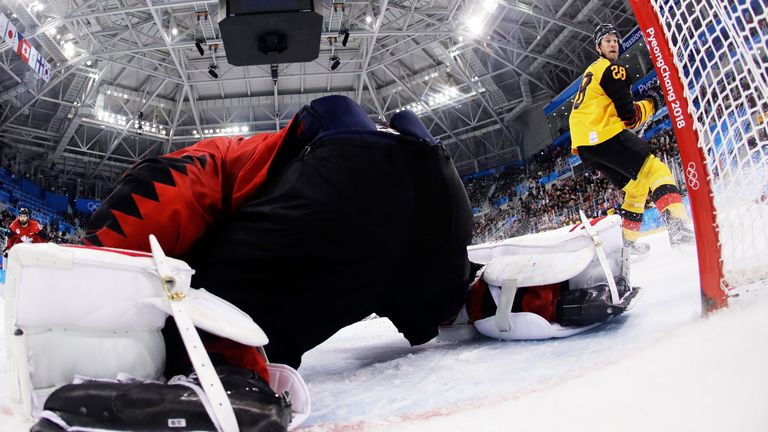 Frank Mauer scores Germany's third goal against Canada