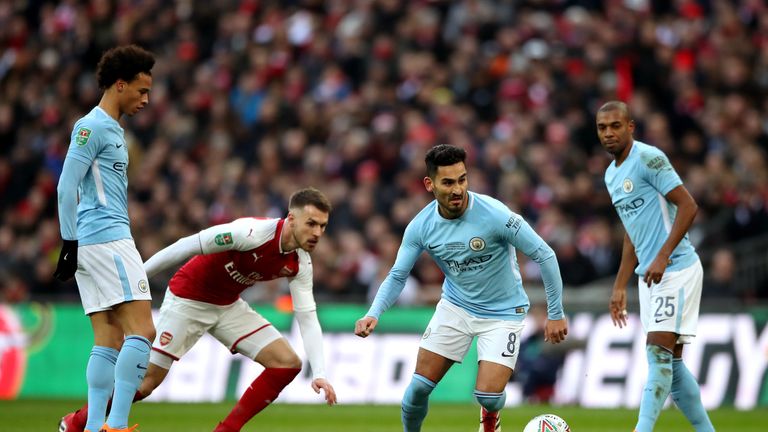 Manchester City's Ilkay Gundogan (second right) in action during the Carabao Cup Final at Wembley Stadium, London.