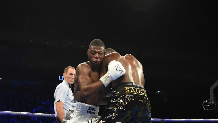LONDON, ENGLAND - FEBRUARY 03:  Lawrence Okolie in boxing action against Issac Chamberlain during their fight for the vacant WBA Continental Cruiserweight 
