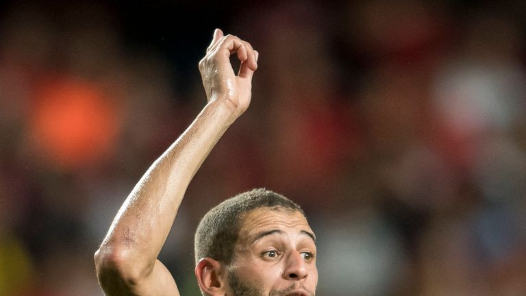 HONG KONG, HONG KONG - JULY 22: Leicester City FC forward Islam Slimani reacts during the Premier League Asia Trophy match between Liverpool FC and Leicest