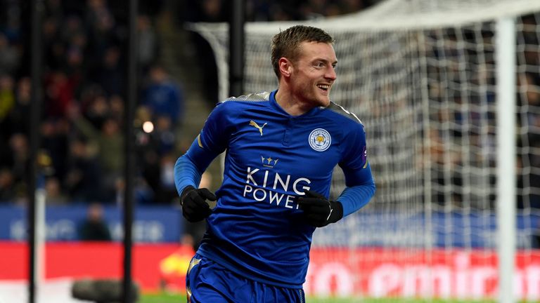 LEICESTER, ENGLAND - FEBRUARY 16:  Jamie Vardy celebrates his scoring his sides first goal during The Emirates FA Cup Fifth Round match between Leicester C