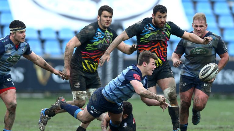 Jarrod Evans looks to get the ball away for Cardiff