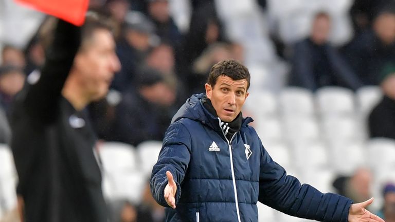 Watford's Spanish head coach Javi Gracia gestures on the touchline during the English Premier League football match between West Ham United and Watford at 